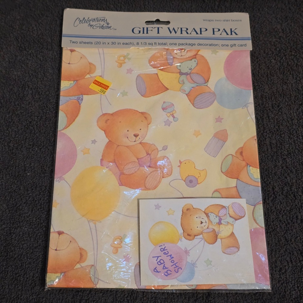 Gibson Gift Wrap Pak Baby Shower Yellow Teddy Bear Sheets, Card Vtg WH331-1805